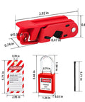 Red Circuit Breaker Lockout Kit for 110-240V Standard Single and Double Toggles, OSHA Compliant Electrical Box Lockout With Lock and Tagout Safety Device kit items displayed, including padlock and tag