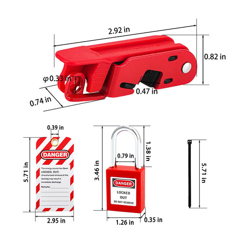 Red Circuit Breaker Lockout Kit for 110-240V Standard Single and Double Toggles, OSHA Compliant Electrical Box Lockout With Lock and Tagout Safety Device kit items displayed, including padlock and tag
