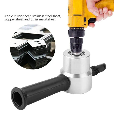 Double Head Sheet Metal Nibbler Cutter For Drill Attachment showing adjustable cutting heads, attached to a yellow drill, close-up