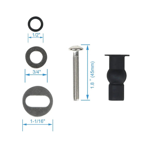 Six Pack Universal Toilet Seat Hinges Hardware Kit with blind hole fixings and rubber top, shown with measurements.