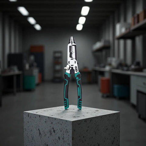 Heavy Duty 10 In 1 Electrician Pliers With Premium Carbon Steel Jaw And Cozy Tpr Grip Handle on a concrete surface in a workshop.