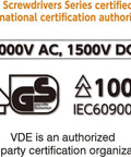 Ball Grip Insulated Screwdriver Set Five Piece VDE Certified safety logos and electrical ratings displayed with certifications.