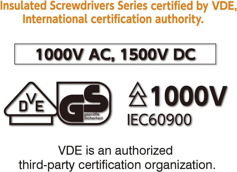 Ball Grip Insulated Screwdriver Set Five Piece VDE Certified safety logos and electrical ratings displayed with certifications.