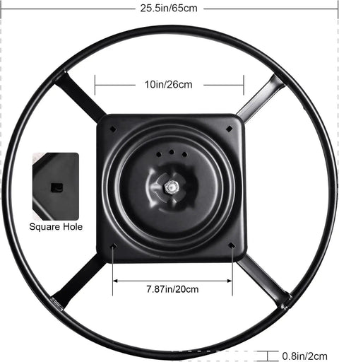 Bulletproof Heavy Duty 25.5 Swivel Chair Base Replacement Fits Recliners And Sofas Slick 360 Spin Steel Mount Plate Matte Black, top view with measurements.