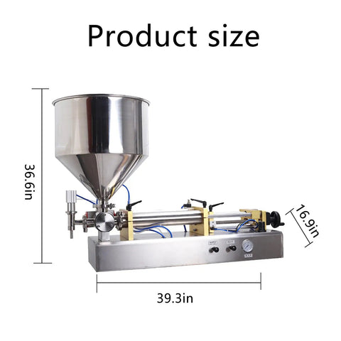 Rugged Single Head Pneumatic Paste Filler Machine With Slick 30 Liter Hopper And Stainless Steel Piston Pump Using No Fuss Foot Pedal Control For Smooth Cream Oil Shampoo Runs dimensions shown.
