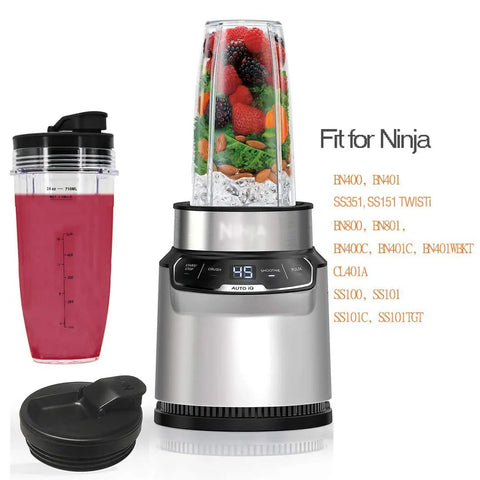 Image of 24 Oz Replacement Cups for Nutri Blender with Sip and Seal Lids, showing two blending cups next to a blender base.