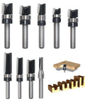 9 Piece Pattern Flush Trim Router Bit Set With 1/4 Inch Shank And Carbide Tips Pro Grade Top Bearing Template Guide