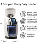 Heavy Duty Commercial Coffee Grinder Featuring Flat Steel Burrs And 260 Grind Settings For Espresso And Pour Over Brewing, compact design.