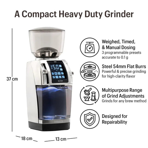 Heavy Duty Commercial Coffee Grinder Featuring Flat Steel Burrs And 260 Grind Settings For Espresso And Pour Over Brewing, compact design.