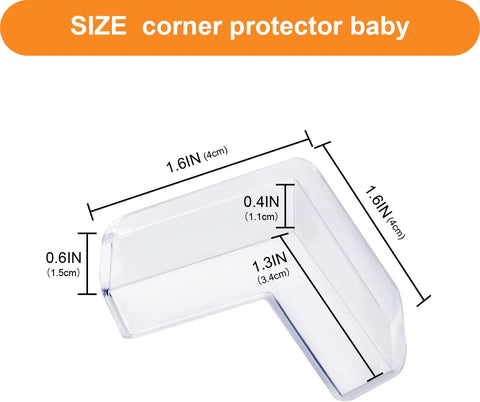 Baby Proofing Corner Guards Set, 16 Pack Clear Edge Bumpers, Silicone dimensions on diagram, 1.6in x 0.4in x 0.6in