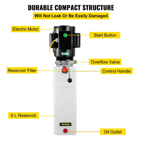 Front view of VEVOR hydraulic power unit with 6 L reservoir, electric motor on top, control handle and oil outlet.