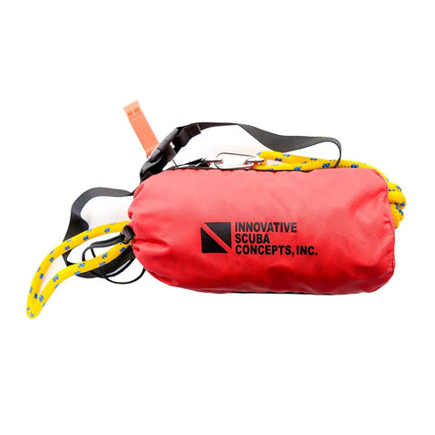 75 Foot Water Rescue Throw Rope With Bag Marine Grade Line Kayak Throw Bag showing yellow rope coiled in a red bag
