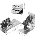 Carbon Steel Self Locking Hinges Folding Table Leg Brackets With 180 Degree Lock Design And Electroplated Finish For Table Legs Bed Frames And Workbenches Heavy Duty Beefy Built To Last displayed at various angles with dimensions shown for clarity.