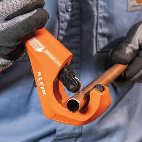 Klein Tools 50046 tubing cutter, orange, front view, for copper and aluminum, 1/8-1 3/8 in OD