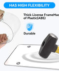 Two Pack Clear License Plate Covers Bundle With One Extra Spare Cover Unbreakable Anti Yellowing Tag Protectors shown with hammer test for durability.