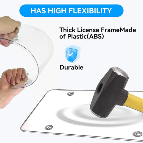Two Pack Clear License Plate Covers Bundle With One Extra Spare Cover Unbreakable Anti Yellowing Tag Protectors shown with hammer test for durability.