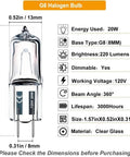 Diagram showing G8 Halogen Bulbs 10 Pack, 20W 120V Bi Pin Xenon JCD Type, with measurements and features listed