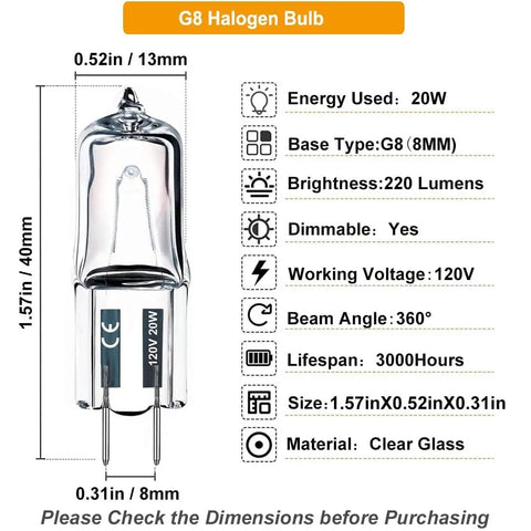 Diagram showing G8 Halogen Bulbs 10 Pack, 20W 120V Bi Pin Xenon JCD Type, with measurements and features listed