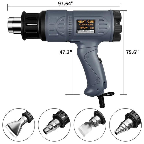 Heavy Duty 1800W Heat Gun With Variable Temperature From 122F To 1202F, Two Settings, Overheat Protection, And Four Nozzle Attachments