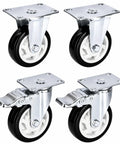 Heavy Duty Three Inch Caster Set With Two Fixed Trackers And Two Bulletproof Locking Swivel Wheels, Thick Black Polyurethane Tires, 4 pieces.