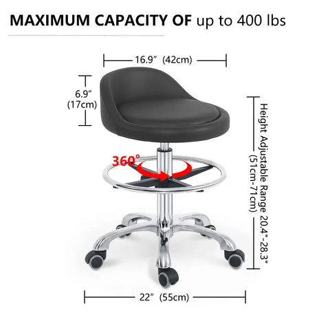 Rolling Stool With Back Support And Footrest Ring, Adjustable Heavy Duty Stool With Wheels For Shop, Salon, Tattoo And Home