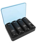 4-pack 2800mAh batteries on Game Console Controller Charging Dock, USB powered with clear lid, black design.