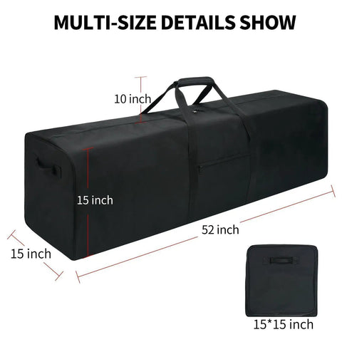 52 Inch Extra Large Duffle Bag For Travel And Gear 190L Water Resistant Duffle With 2 Way Lockable Zippers in black shown with dimensions