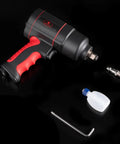Heavy Duty 1/2 Inch Air Impact Wrench With Killer 1200 Ft Lb Torque And Twin Hammer Design, includes oil bottle and accessories.