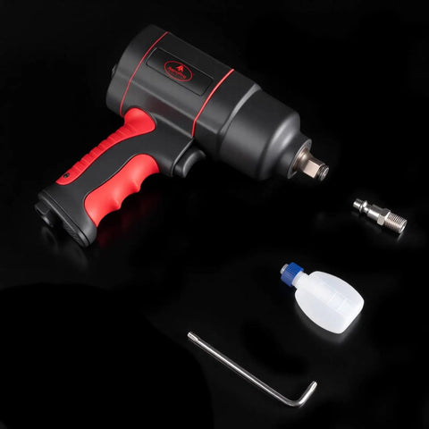 Heavy Duty 1/2 Inch Air Impact Wrench With Killer 1200 Ft Lb Torque And Twin Hammer Design, includes oil bottle and accessories.