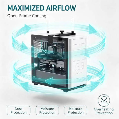 No Drill Necessary Heavy Duty Under Desk PC Mount Rock Solid CPU Holder For Standing Desk Electric Workstation showing airflow cooling design.