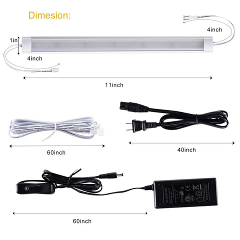 Under Cabinet LED Lights Kit 8 Pack 11 Inch Linkable Dimmable 6000K Cold White Plug In Or Hardwired components and cables