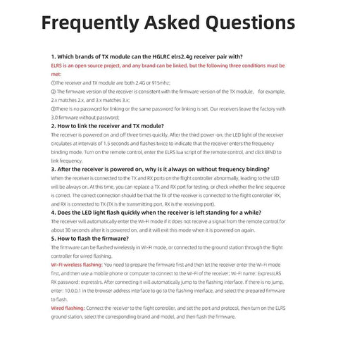 Frequently asked questions page for ExpressLRS 2.4GHz RX Nano Module With Dual Installation Solder Or Plug In for FPV drones.