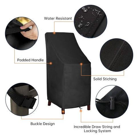 600D Heavy Duty Waterproof Stackable Patio Chair Covers For 4 To 6 High Back Chairs, showing padded handle and drawstring