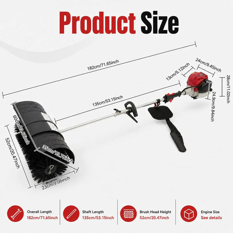 Product Size chart of Powerful Gas Handheld Broom Sweeper With 1000W 4 Stroke Engine, 20 Inch Wide Lawn Yard Debris Cleaner For Streets, Parks And Farms, Aluminum Alloy Body, Durable Outdoor Cleanup Tool with dimensions