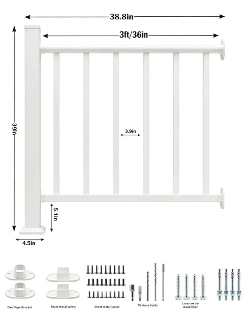 Badass 3Ft White Deck Railing Kit For Outdoor Porch Patio Balcony With Hella Tough Aluminum Posts dimensions and components layout.