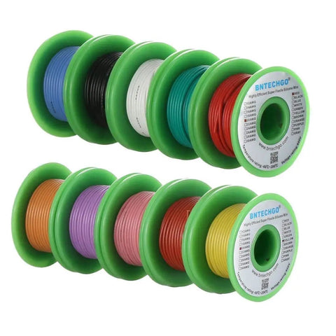 Top Shelf 20 AWG Silicone Wire Kit Packing Ten Sweet Colors And Twenty Five Feet Of Fine Stranded Tinned Copper Made To Flex Smooth Solder Quick And Push Amps Like A Champ, showcasing colorful spools of silicone wire.