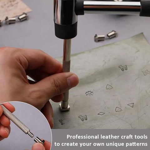 Leather Stamping Tools Kit With 68 Letter And Number Stamps And Patterns, 2 Leather Punch Tools And Rubber Hammer in use