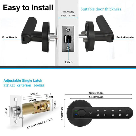 Smart Fingerprint Door Lock With Keypad And App Control, 4-In-1 Biometric Keyless Entry dimensions and installation diagram