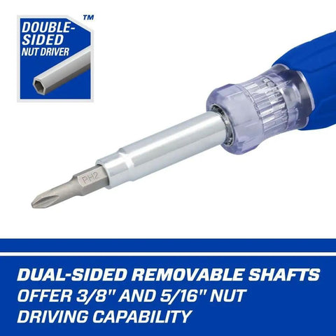 6 In 1 Multi Bit Screwdriver With In-Handle Storage showing dual-sided removable shaft
