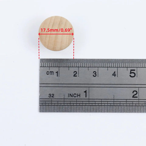 Unfinished Wood Cabinet Pull Knobs next to ruler showing size of 0.69 inches, Mini Drawer Handles For Furniture And Doors, No-Fuss Finish