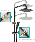 Heavy Duty Wall Mount Shower System With Slick Black Finish Adjustable Rain Head Four Way Mixer Valve Easy Grip Handheld Sprayer And Top Shelf Stainless Steel Bathroom Combo Kit showing adjustable shower rod and showerhead details.