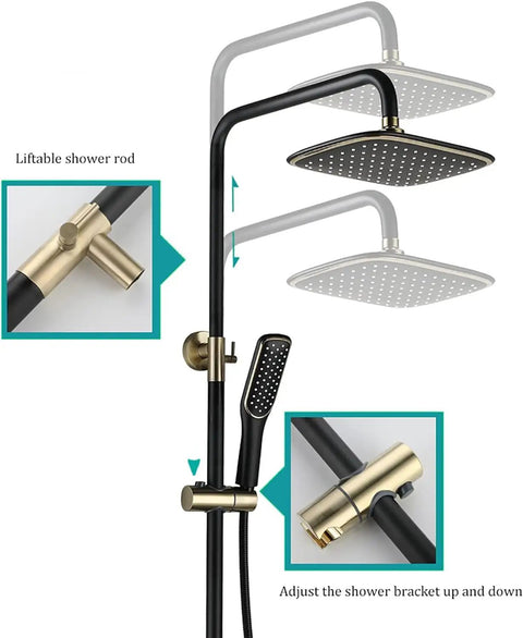 Heavy Duty Wall Mount Shower System With Slick Black Finish Adjustable Rain Head Four Way Mixer Valve Easy Grip Handheld Sprayer And Top Shelf Stainless Steel Bathroom Combo Kit showing adjustable shower rod and showerhead details.