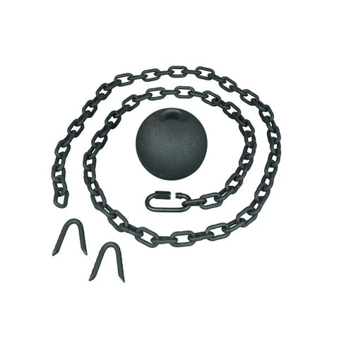Black Cast Iron Cannonball Weight Automatic Gate Closer With 5-Foot Galvanized Chain For Outdoor Gates shown with chain and hooks