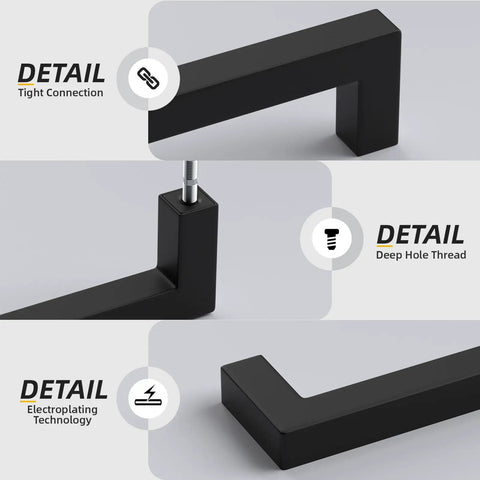 Close-up of details on the five pack black stainless steel cabinet pulls for 18 inch drawer cabinets showing tight connection and deep hole thread.