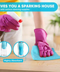 Orighty microfiber cleaning cloths, blue, 12x11 inches, 24-pack; pink-gloved hand wiping wood surface