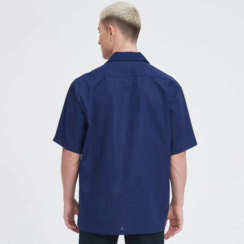 Men's Short Sleeve Work Shirt In Navy Blue Cotton Poly Blend Durable Button Front Uniform Features Double Chest Pockets Built Hella Tough For The Daily Grind And Extra Large Cut, back view.