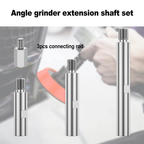 Beefy Three Piece Angle Grinder Extension Shaft Set With Rock Solid 5/8 To 11 Thread Fit showing silver rods for rotary polishing.