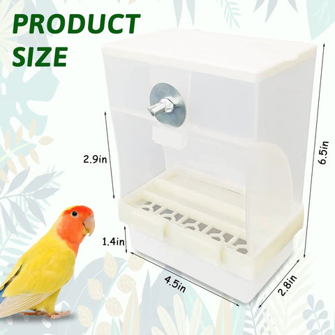 Real Deal Automatic Bird Feeder With Super Slick Waste Catcher And Split Bowl Design For Cockatiel Parrot And Parakeet Cage Accessories Totally Hassle Free Setup Two Pack displayed with size measurements.
