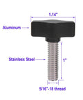 Rock Solid 5/16 X 1 Thumb Screws With Sleek Black Aluminum Knobs And Durable Stainless Steel Threads For Quick No Sweat Diy Builds And Top Shelf Shop Upgrades Pack Of Four, showing dimensions and materials.