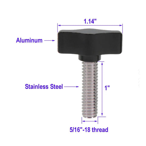 Rock Solid 5/16 X 1 Thumb Screws With Sleek Black Aluminum Knobs And Durable Stainless Steel Threads For Quick No Sweat Diy Builds And Top Shelf Shop Upgrades Pack Of Four, showing dimensions and materials.